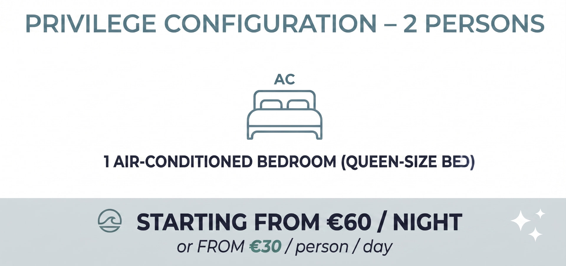Configuration privilège de Carla Sun pour 2 personnes : une chambre climatisée avec lit Queen Size, à partir de 60 € par nuit