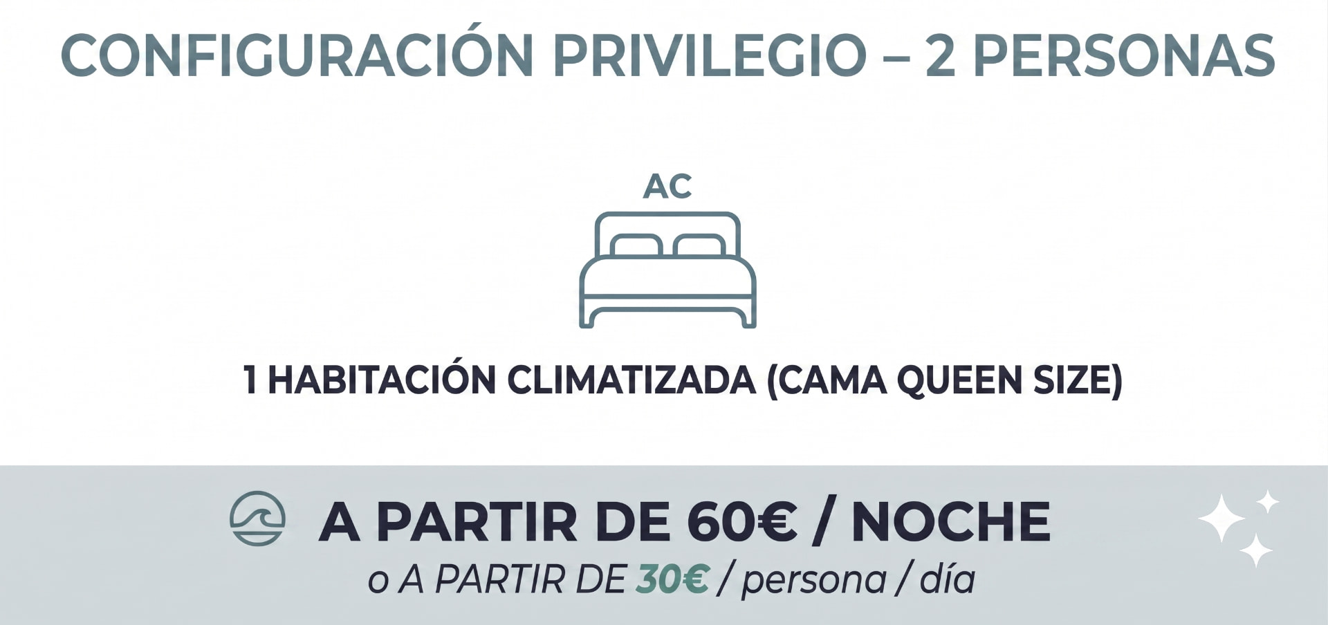 Configuration privilège de Carla Sun pour 2 personnes : une chambre climatisée avec lit Queen Size, à partir de 60 € par nuit